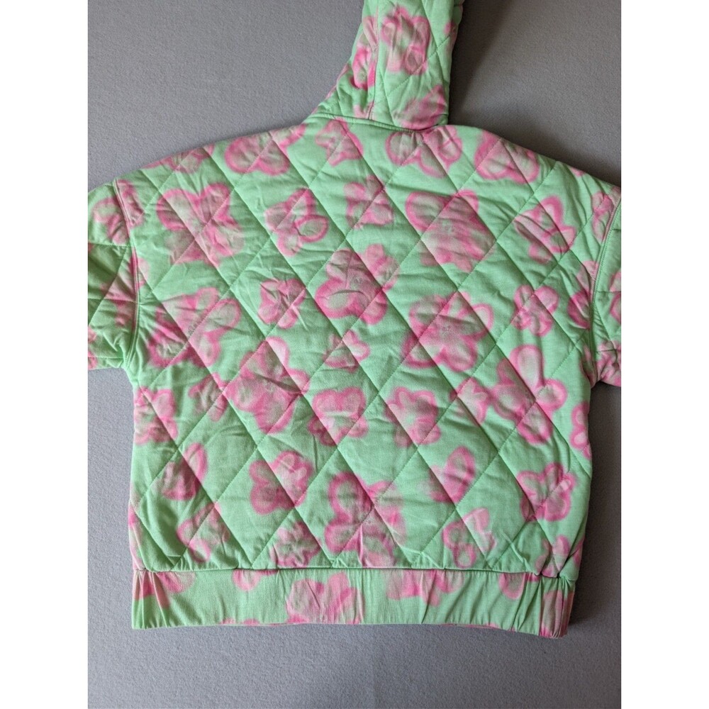 Mint Green Pink Floral Quilted Hooded Puffer Statement Jacket Zip Up Size L - Picture 11 of 11
